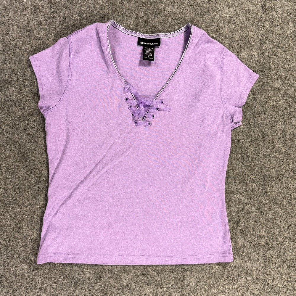 Y2K Express‎ Jeans Baby Tee Shirt Womens Large Purple Lace Up V Neck Preppy Crop